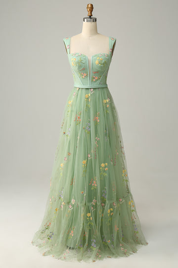 Green A-Line Square Neck Long Ball Dress with Embroidery